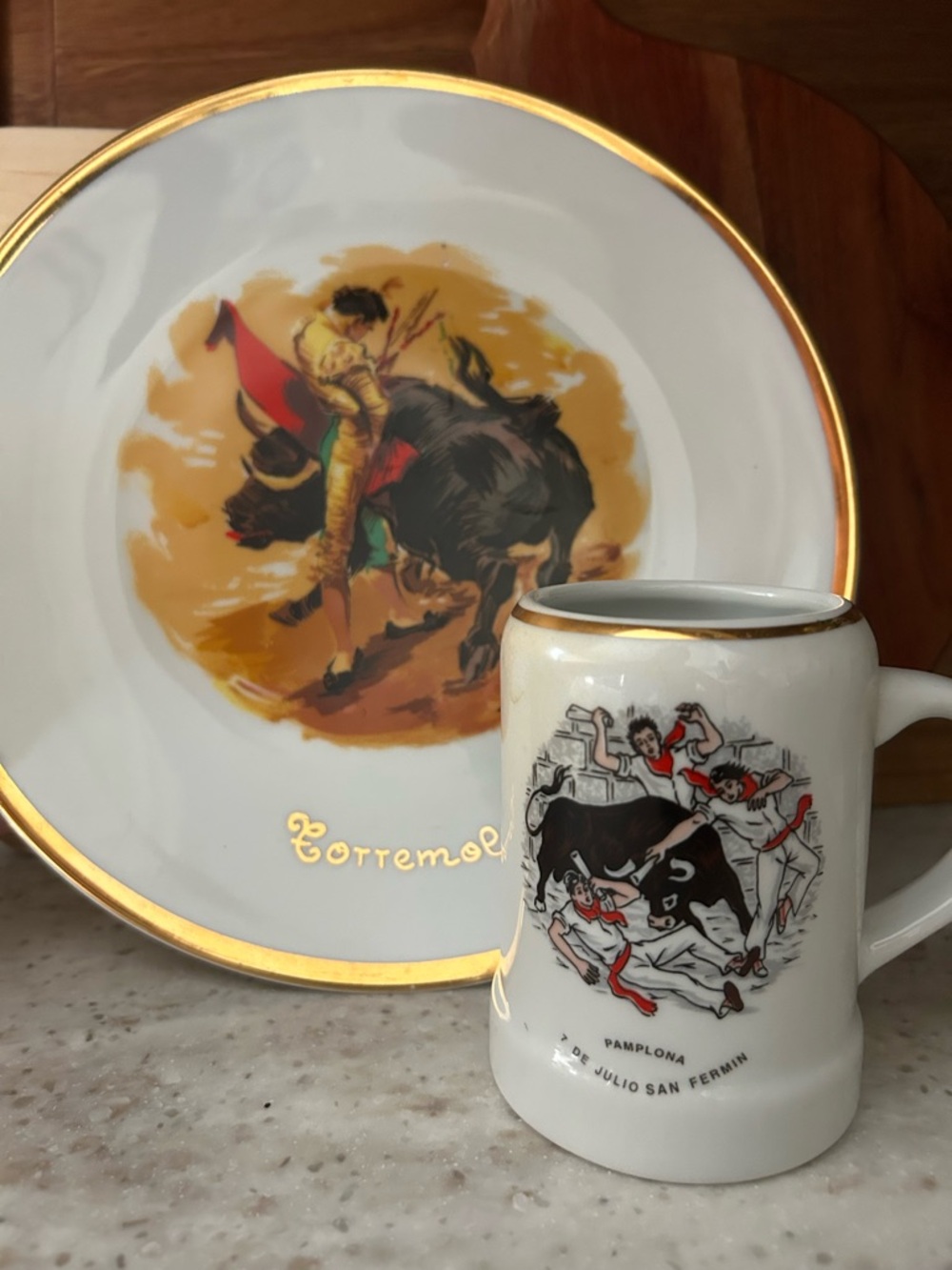 Vintage Souvenir Bullfighting Plate and Mug Set